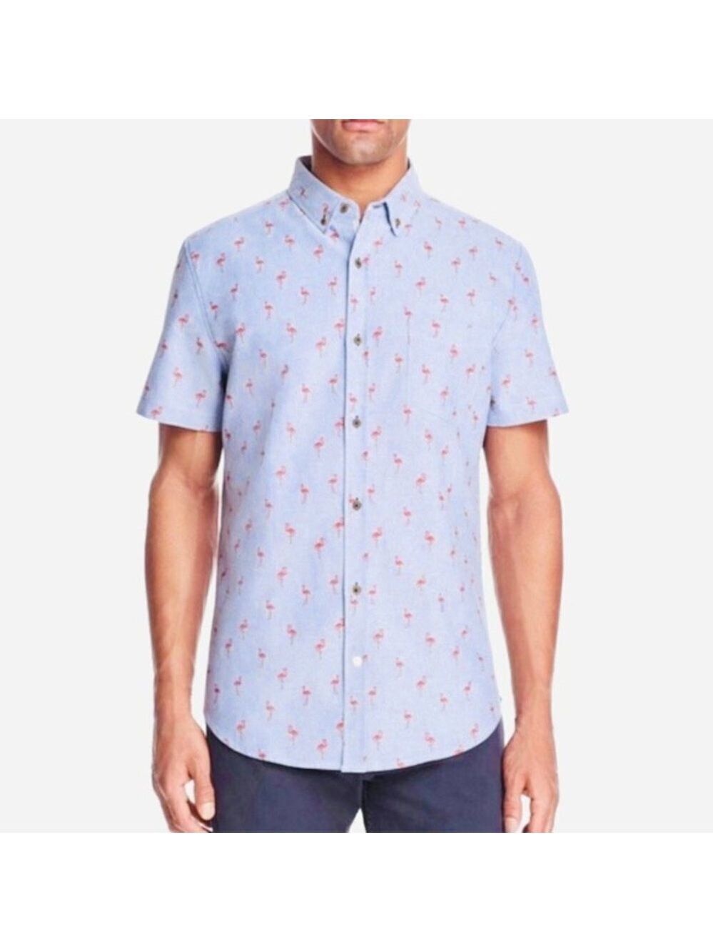 * Alpha Beta Flamingo Print Light Blue Short Sleeve Button Up Shirt Size XL